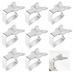 QUANTITY OF ASSORTED ITEMS TO INCLUDE 8 PIECES SILVER BUTTERFLY TABLECLOTH CLIPS STAINLESS STEEL THICKENED TABLE CLOTH CLAMP HOLDER ADJUSTABLE TABLE COVER CLAMPS TABLECLOTH HOLDERS FOR HOME PICNIC PA
