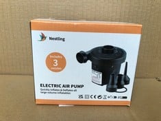 QUANTITY OF ASSORTED ITEMS TO INCLUDE NESTLING ELECTRIC AIR PUMP,ELECTRIC PUMP FOR INFLATABLES,220-240V/150W POOLS PUMPS,PORTABLE INFLATOR DEFLATOR PUMPS WITH 3 NOZZLES FOR AIR BED MATTRESS,SWIMMING