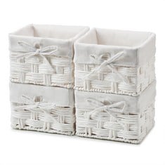 10 X EZOWARE SET OF 4 SQUARE WICKER WOVEN PAPER ROPE ORGANISER BASKET, DECORATIVE STORAGE CUBE CONTAINER BIN WITH REMOVABLE LINERS FOR BABY CLOTH KIDS TOY NURSERY ROOM HOME - (18 X 18 X 14 CM, WHITE)