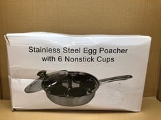 QUANTITY OF ASSORTED ITEMS TO INCLUDE 6 CUPS EGG POACHER PAN - STAINLESS STEEL POACHED EGG COOKER – INDUCTION COOKTOP EGG POACHERS COOKWARE SET WITH 4 NONSTICK LARGE PFOA FREE EGG POACHER CUPS AND SI