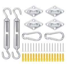 QUANTITY OF ASSORTED ITEMS TO INCLUDE ACBUNGJI 40 PCS SUN SHADE SAIL HARDWARE KIT FOR TRIANGLE RECTANGULAR SQUARE CANOPY, HEAVY DUTY ANTI-RUST 304 STAINLESS STEEL SUN SHADE SAIL ACCESSORIES INSTALLAT