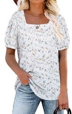 QUANTITY OF ASSORTED ITEMS TO INCLUDE TASAMO WOMENS SUMMER TOPS FLORAL BLOUSE CASUAL T-SHIRTS LOOSE SHORT SLEEVE SHIRT SQUARE NECK TOPS WHITE FLORAL SIZE 18: LOCATION - D