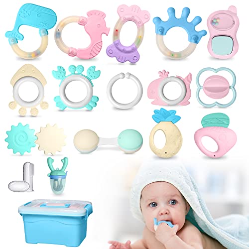 10 X TEETHING TOYS FOR BABY, ICNOW 16PCS BABY TEETHER SET INFANT TEETHER SHAKER GRAB RATTLES TOY WITH FRUIT FEEDER PACIFIER AND TOOTHBRUSH FOR BOYS GIRLS - TOTAL RRP £125: LOCATION - RACK A