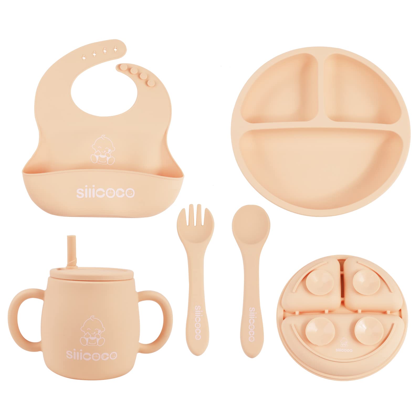 10 X BABY FEEDING SET, SILICONE BABY LED WEANING SUPPLIES SET WITH SUCTION PLATE, BIB, SIPPY CUP, BABY SPOON AND FORK, TODDLER FEEDING EATING UTENSILS SETS (BEIGE) - TOTAL RRP £83: LOCATION - RACK B