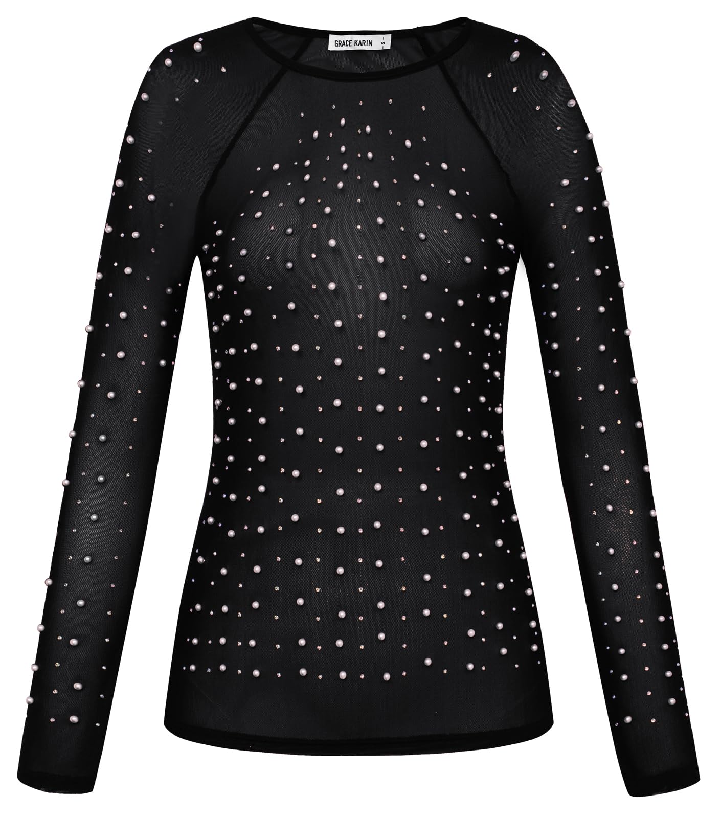 6 X GRACE KARIN WOMENS LONG SLEEVES PEARL DECORATED CLUB TOPS SEE THROUGH SHEER MESH TOPS FOR PARTY BLACK M - TOTAL RRP £103: LOCATION - RACK A