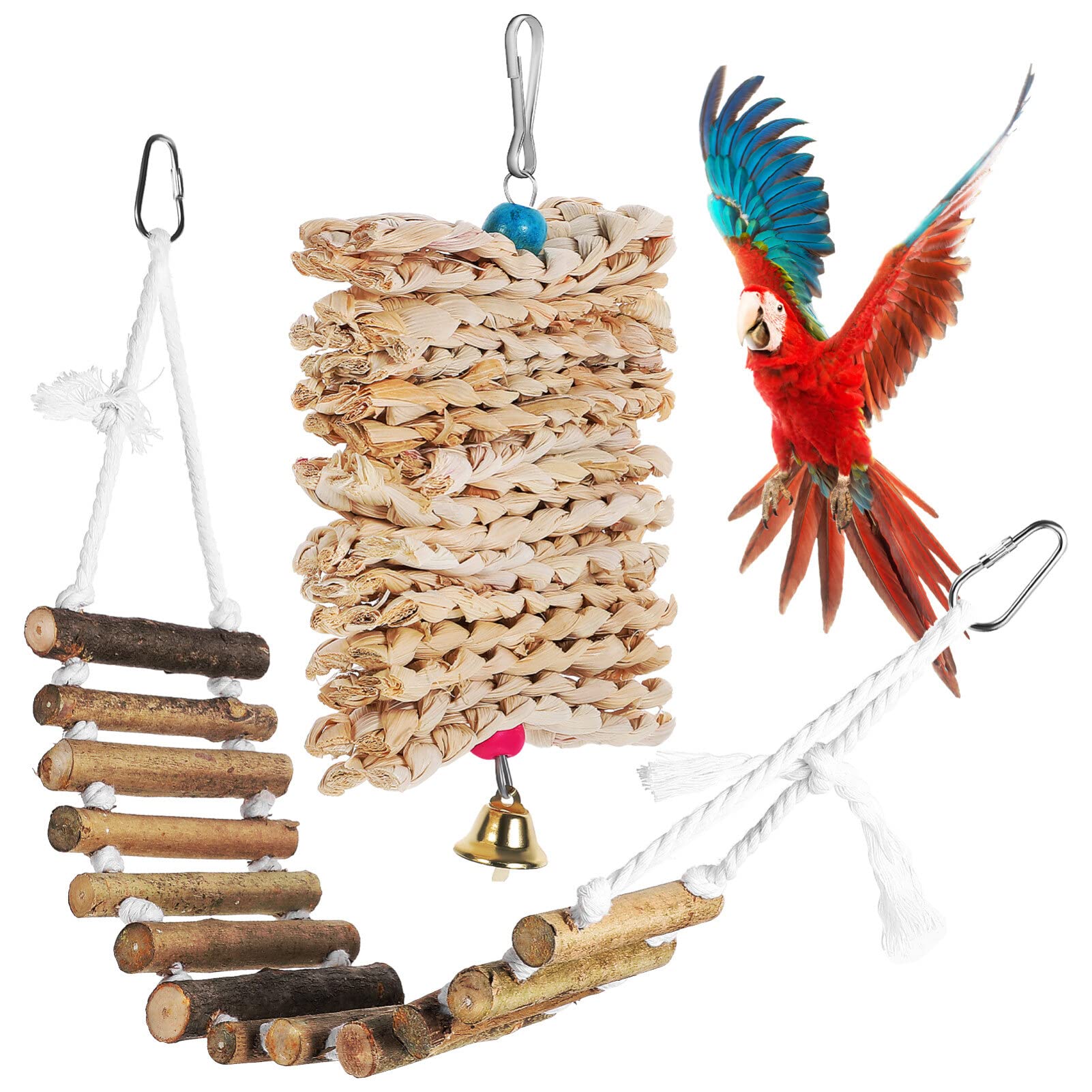 12 X POPETPOP BIRD PARROT TOYS, NATURAL WOOD LADDER SWING CHEWING TOYS SET HANGING SWING CLIMBING LADDERS TOYS FOR BIRD PARROT BUDGIES - TOTAL RRP £96: LOCATION - RACK B