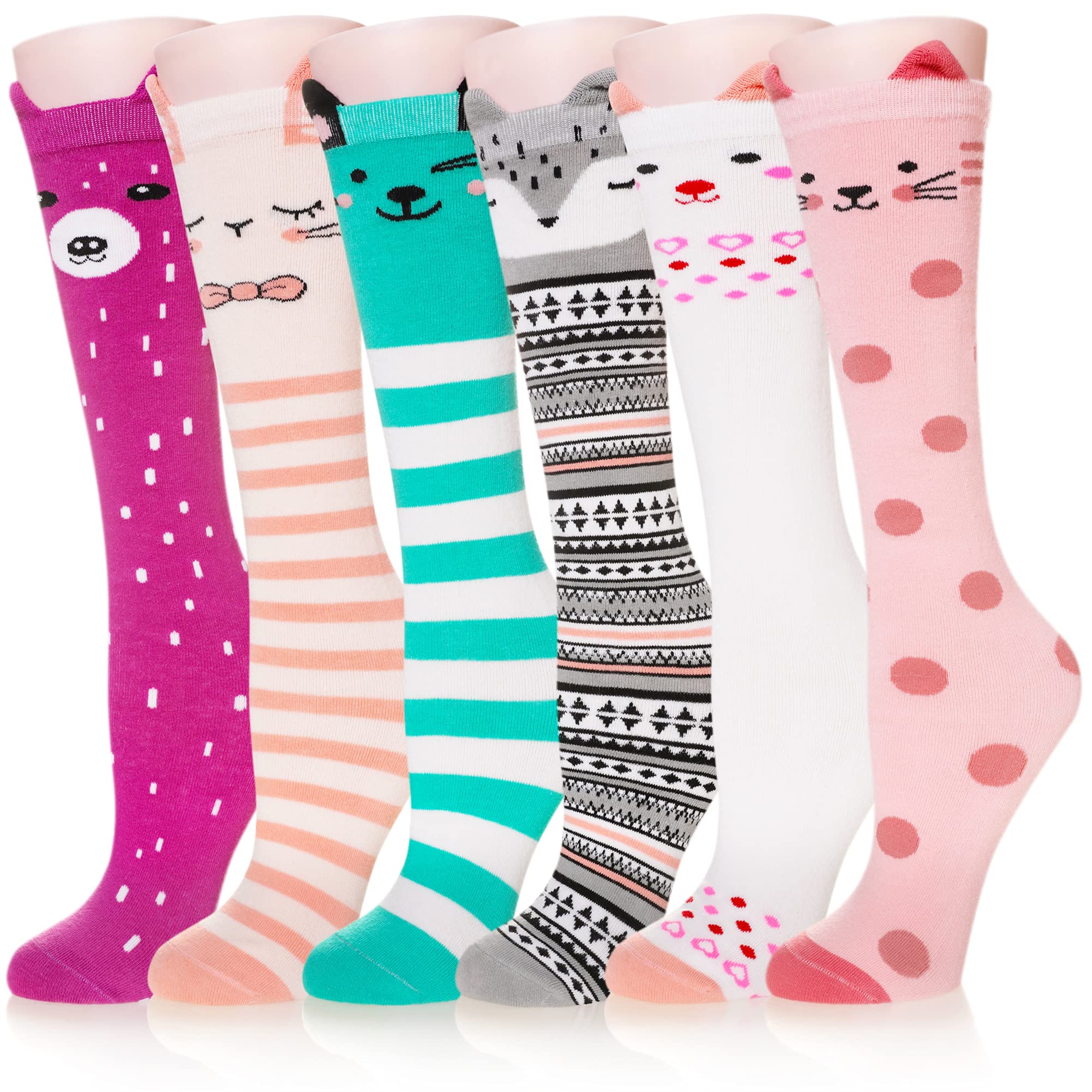 12 X GIRLS KNEE HIGH SOCKS LONG FUNNY BOOT KIDS CRAZY ANIMAL PATTERN TALL CUTE FUN CHILD SOCKS FOR GIRLS GIFTS 6 PAIRS (6 PAIRS STRIPE ANIMAL) - TOTAL RRP £150: LOCATION - RACK D