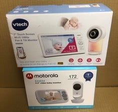 MOTOROLA NURSERY EASE 34 - BABY MONITOR WITH CAMERA - 4.3 INCH VIDEO BABY MONITOR DISPLAY - NIGHT VISION, BIDIRECTIONAL COMMUNICATION, LULLABIES, ZOOM, ROOM TEMPERATURE MONITORING - WHITE & VTECH 7"