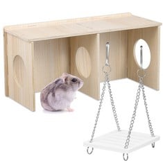 QUANTITY OF ASSORTED ITEMS TO INCLUDE POPETPOP HAMSTER HIDE 2 PIECES HAMSTER WOOD HOUSE WITH HANGING NATURAL WOODEN HAMSTER SWING SET GUINEA PIG TOYS HIDING HOUSE FOR SMALL ANIMALS HABITAT DECOR: LOC