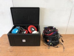 QUANTITY OF ASSORTED POWER CABLES TO INCLUDE ASSORTED XLR CABLES AND STORAGE BOX