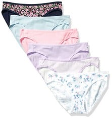 25 X ESSENTIALS COTTON BIKINI BOTTOMS WOMEN'S, PACK OF 6, BLUE/WHITE FLORAL SMALL/LILAC/BLACK FLORAL/STRIPES/PINK SIZE M - LOCATION 32A.
