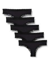 25 X IRIS & LILLY WOMEN'S COTTON AND LACE THONG, PACK OF 5, BLACK, VARIOUS SIZES - LOCATION 28A.