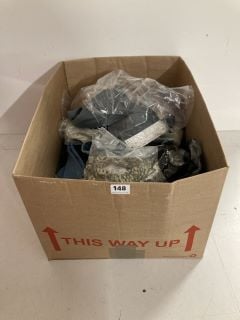BOX OF ASSORTED CLOTHING IN VARIOUS SIZES & DESIGNS
