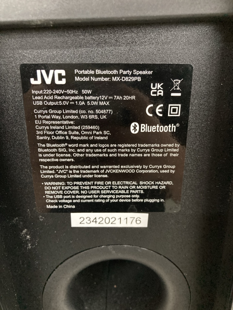 John Pye Auctions JVC PORTABLE BLUETOOTH PARTY SPEAKER MODEL NO MX