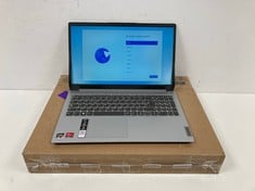 LENOVO IDAEAPAD 256 GB LAPTOP IN SILVER. (WITH BOX AND CHARGER, LOOSE CASE, GEAR BETWEEN SCREEN AND KEYBOARD BROKEN, SEE PHOTOS). AMD RYZEN 3 3250U, 8 GB RAM, [JPTZ6456].