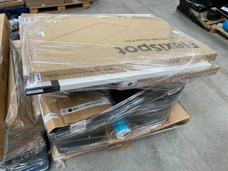 PALLET OF ASSORTED ITEMS TO INCLUDE QTY OF PALLET TRUCK REPLACEMENT WHEELS AND FLEXISPOT MAPLE EFFECT DESK: LOCATION - A3 (KERBSIDE PALLET DELIVERY)