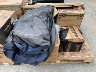 PALLET OF ASSORTED SMALL DOMESTIC APPLIANCES TO INCLUDE TOSHIBA SOLO MICROWAVE OVEN IN BLACK AND CHIMNEY STYLE COOKER HOOD IN BLACK: LOCATION - A3 (KERBSIDE PALLET DELIVERY)