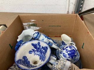 A BOX OF ANTIQUE BLUE AND WHITE CHINE, MAINLY ORIENTAL: LOCATION - AR17