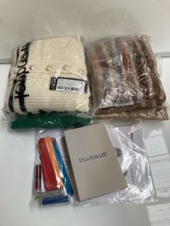 A BOX OF ASSORTED CLOTHING TO INCLUDE; BIKINI & BROWN JUMPER