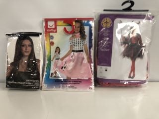 A BOX OF ASSORTED FANCY DRESS COSTUMES TO INCLUDE; GIRL'S DEVIL OUTFIT & COSTUME WIG