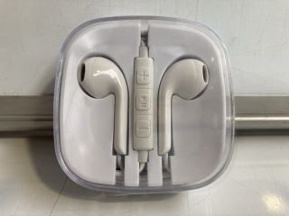 A BOX OF 2 PACK WIRED HEADPHONES WITH ON WIRE CONTROLS IN WHITE