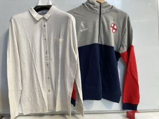 A BOX OF CHILDREN'S CLOTHING TO INCLUDE; BLACK SHORTS & ENGLAND WORLD CUP QATAR SWEATER