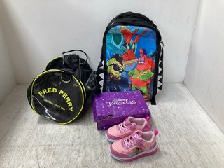 2 X ASSORTED KIDS BACKPACKS TO INCLUDE DISNEY PRINCESS GIRLS TRAINERS IN PINK UK SIZE C9: LOCATION - H16