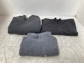 3 X ASSORTED CLOTHING ITEMS TO INCLUDE NEXT ZIP UP KNITTED JUMPER IN GREY UK SIZE L: LOCATION - H15