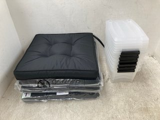 QTY OF SMALL PLASTIC STORAGE BOXES WITH LIDS TO INCLUDE OUTSUNNY SET OF 4 CHAIR CUSHIONS: LOCATION - F10