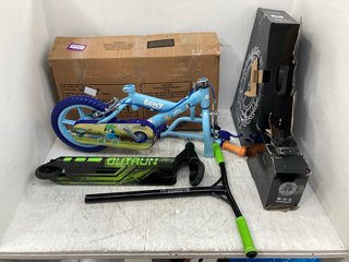 BLUEY TODDLER BICYCLE IN LIGHT BLUE TO INCLUDE BLAZER PRO COMPLETE SCOOTER IN BLACK/NEON: LOCATION - F2