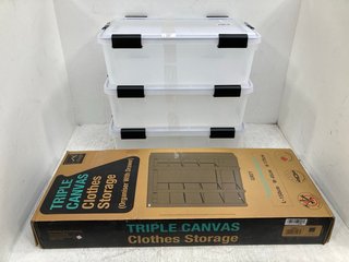 3 X PLASTIC STORAGE BOXES WITH LID TO INCLUDE KNIGHT TRIPLE CANVAS CLOTHES STORAGE: LOCATION - F1