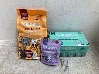 3 X ASSORTED PET FOODS TO INCLUDE SCRUMBLES ADULT & SENIOR CHICKEN FLAVOUR DOG FOOD 2KG BBE 03/2025: LOCATION - G2