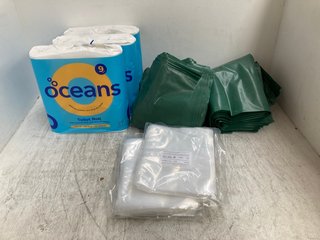 3 X 9 ROLLS OCEANS TOILET ROLLS TO INCLUDE BOX OF BIN LINERS IN GREEN AND PACK OF VACUUM POUCHES: LOCATION - G6