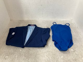 BLUE ONE PIECE SWIMMING SUIT - SIZE UK M TO INCLUDE MOSS LONDON SLIM FIT NAVY SUIT JACKET - SIZE 40 S: LOCATION - G12