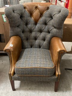 KENSINGTON WINGBACK ARMCHAIR IN CERATO BROWN LEATHER AND MORELAND HARRIS TWEED FABRIC - RRP £1799: LOCATION - C4