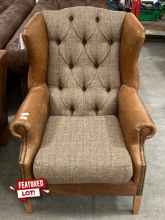 VINTAGE KEW WINGBACK ARMCHAIR IN VINTAGE TAN LEATHER AND LIGHT TWEED FABRIC FINISH - RRP £1799: LOCATION - C2