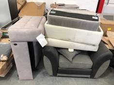 4 X ASSORTED SOFA / PARTS TO INCLUDE BLACK LEATHER / DARK GREY FABRIC ARMCHAIR (KERBSIDE PALLET DELIVERY) (KERBSIDE PALLET DELIVERY)