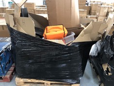 PALLET OF ASSORTED ITEMS TO INCLUDE BLACK HARD PLASTIC DINING CHAIR (KERBSIDE PALLET DELIVERY)