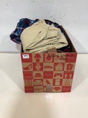 BOX OF ASSORTED ADULT CLOTHING TO INCLUDE TOXIK DENIM JEANS NATURAL SIZE M