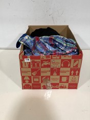 BOX OF ASSORTED ADULT BRANDED CLOTHING TO INCLUDE RALPH LAUREN LONG SLEEVE SHIRT MULTI CHECK SIZE XL