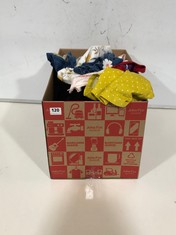 BOX OF ASSORTED KIDS CLOTHING TO INCLUDE BABY BODEN DUNGEREE DRESS MUSTARD/WHITE SPOT SIZE 6-9MTHS