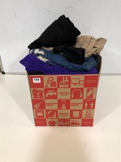 BOX OF ASSORTED ADULT CLOTHING TO INCLUDE BLACK DENIM JEANS SIZE 10