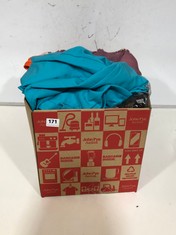 BOX OF ASSORTED ADULT CLOTHING TO INCLUDE LIME TROUSERS AQUA SIZE XL