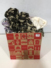 BOX OF ASSORTED ADULT CLOTHING TO INCLUDE X-FEEL CARGO PANTS BLACK/NATURAL CAMO SIZE EUR-38