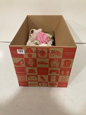 BOX OF ASSORTED KIDS CLOTHING TO INCLUDE MCKENZIE SLEEPSUIT WHITE/PINK SIZE 9-12MTHS