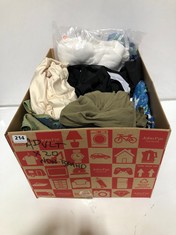 BOX OF ASSORTED ADULT CLOTHING TO INCLUDE KHAKI GREEN ELASTIC WAIST TROUSERS SIZE LG