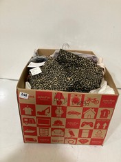 BOX OF ASSORTED MNG ADULT CLOTHING TO INCLUDE ANIMAL PRINT TROUSERS SIZE 8