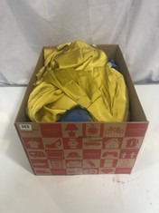 BOX OF ASSORTED ADULT CLOTHING TO INCLUDE MANIJU MAXI GOWN DARK YELLOW SIZE 3XL