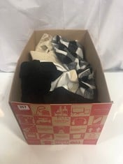 BOX OF ASSORTED ADULT CLOTHING TO INCLUDE BLACK LINEN DUNGAREES SIZE M