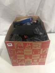 BOX OF ASSORTED HOUSEHOLD ITEMS TO INCLUDE 9" DESK FAN 25W